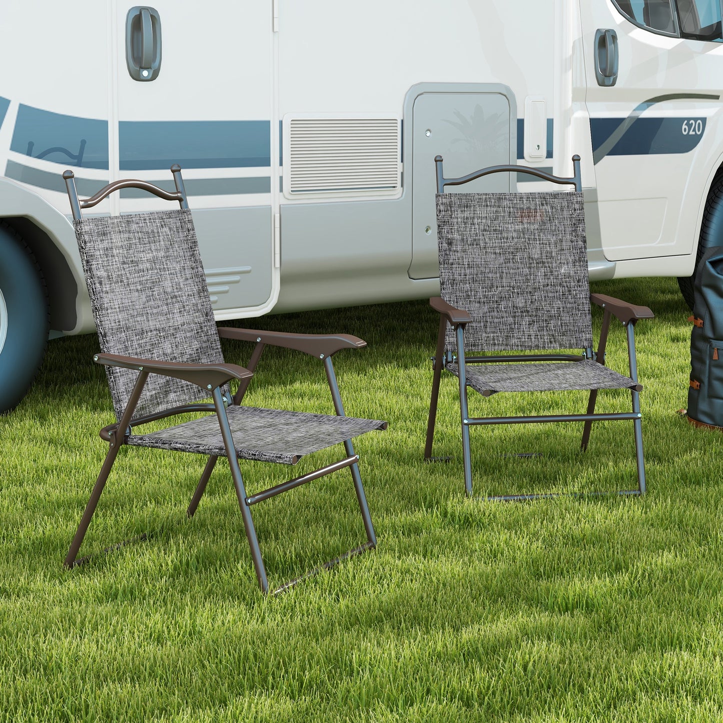 Set of Two Folding Garden Chairs, with Fabric Mesh Seats - Grey