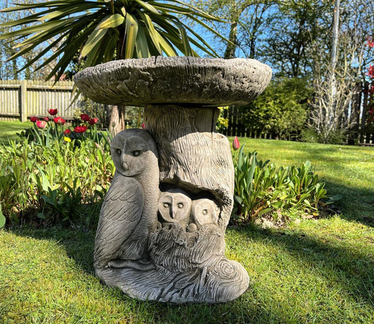 Stone bird bath with detailed owl carvings, featuring an adult owl perched protectively over two chicks. Set in a lush garden backdrop with vibrant tulips blossoming.