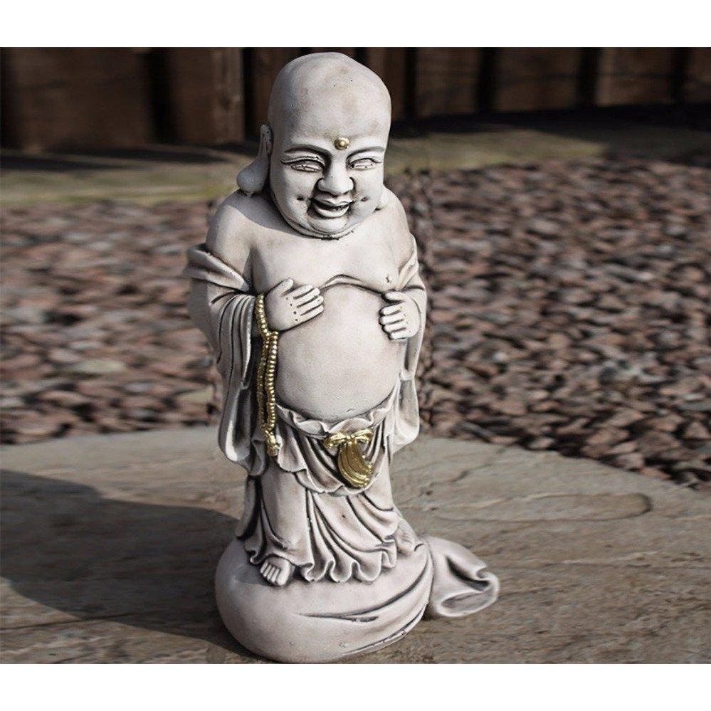 A garden statue of a smiling Buddha with beads, designed in antique stone finish. Perfect for adding tranquility to outdoor spaces like patios and decorative gardens.