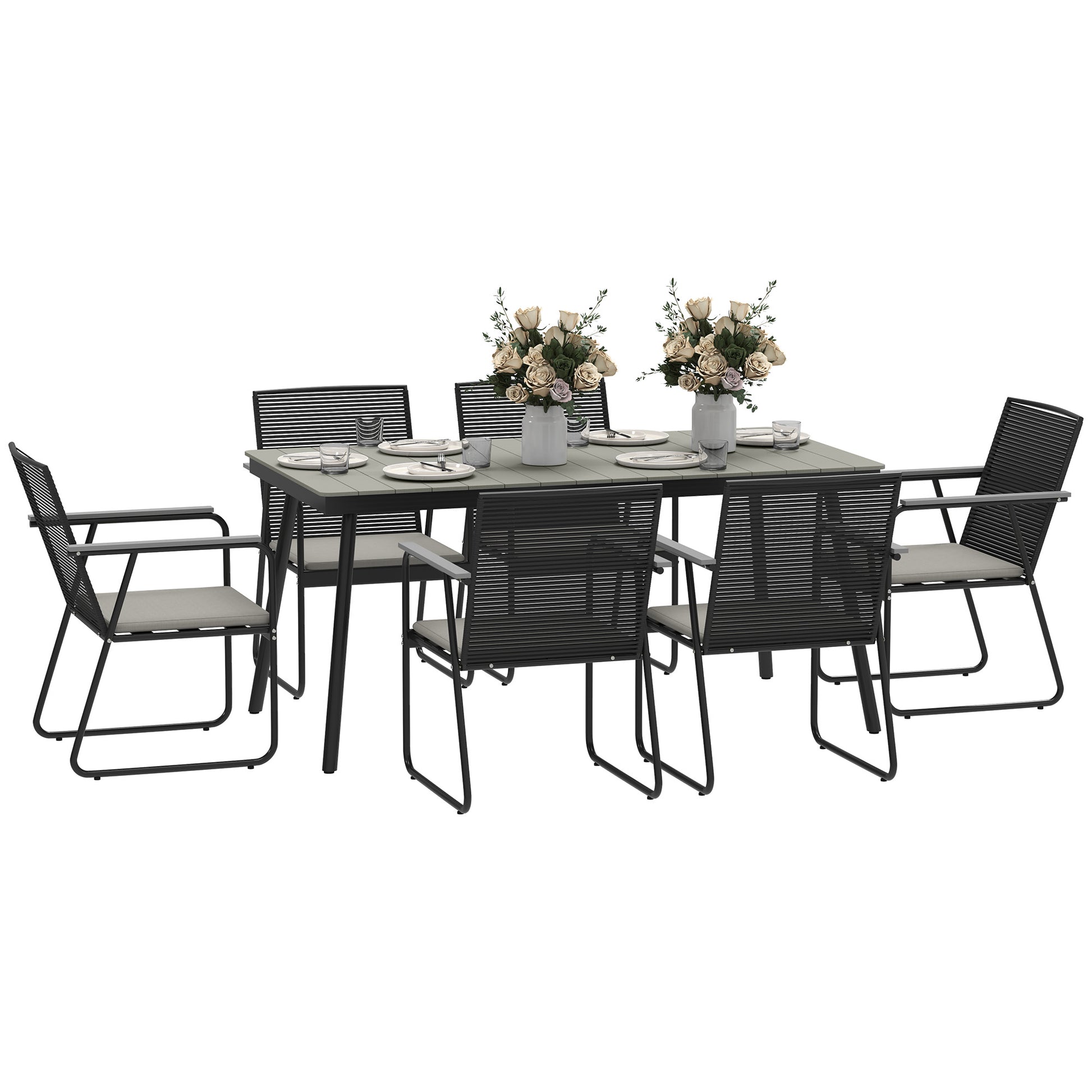 Outsunny 6‑Seater Garden Dining Set with Cushions, Rattan Backrest, Plastic Top, Garden Furniture Set, Grey