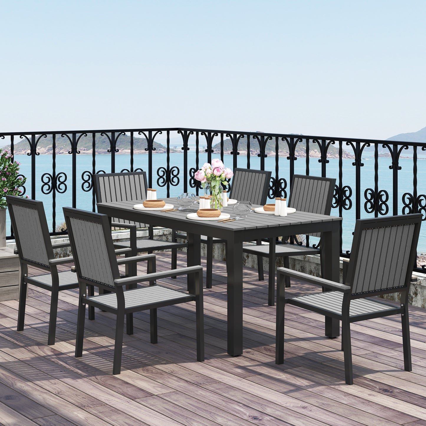 6 Seater Garden Dining Set with Stackable Chairs, Aluminium Frame, Rectangular Plastic Top, Garden Furniture Set, Garden Dining Table and Chairs