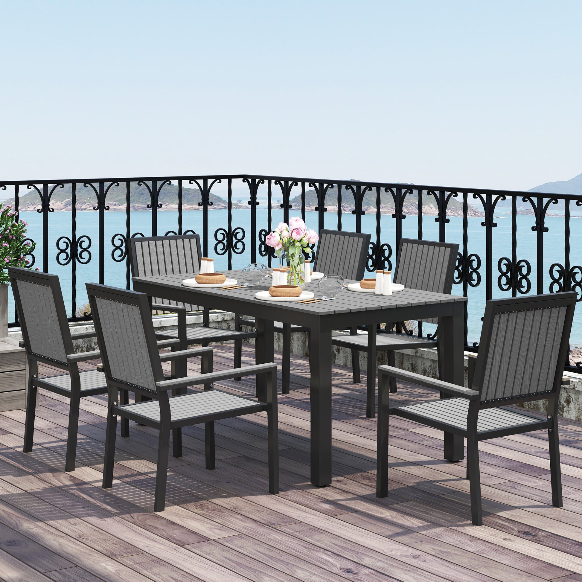 6 Seater Garden Dining Set with Stackable Chairs, Aluminium Frame, Rectangular Plastic Top, Garden Furniture Set, Garden Dining Table and Chairs