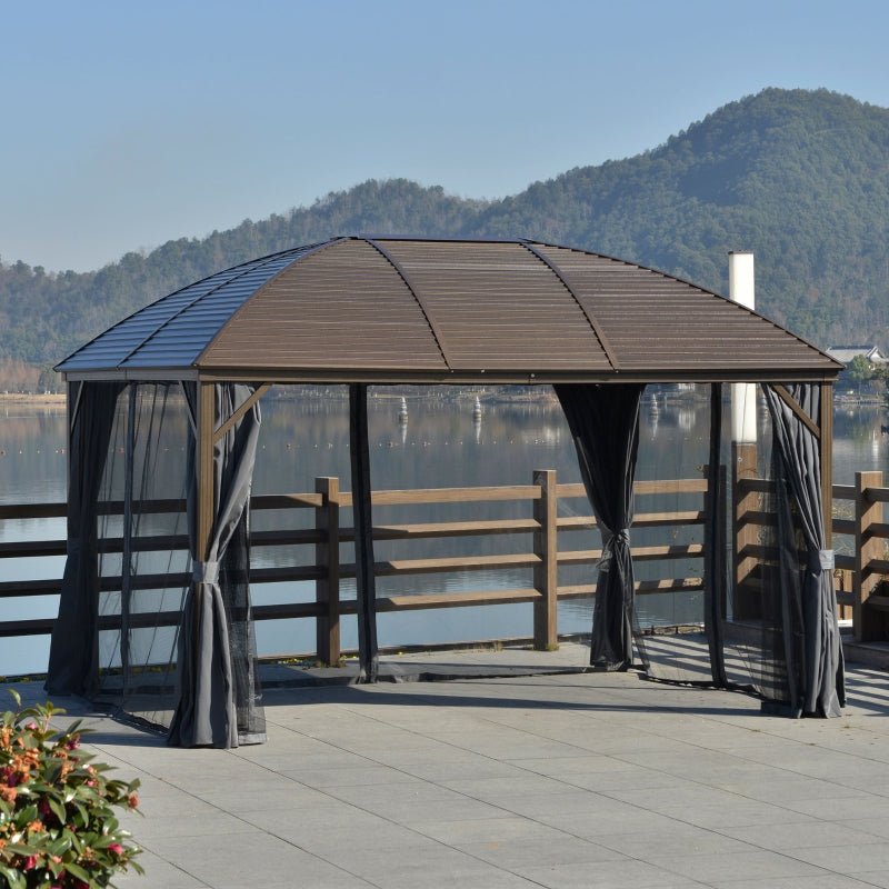 3.98m x 2.98m Brown Steel Hardtop Gazebo with Curtains & Mesh Netting - Aluminium Frame Garden Pavilion