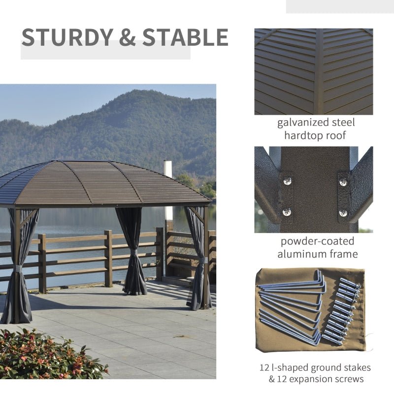 3.98m x 2.98m Brown Steel Hardtop Gazebo with Curtains & Mesh Netting - Aluminium Frame Garden Pavilion