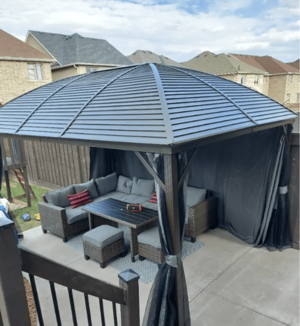 3.98m x 2.98m Brown Steel Hardtop Gazebo with Curtains & Mesh Netting - Aluminium Frame Garden Pavilion