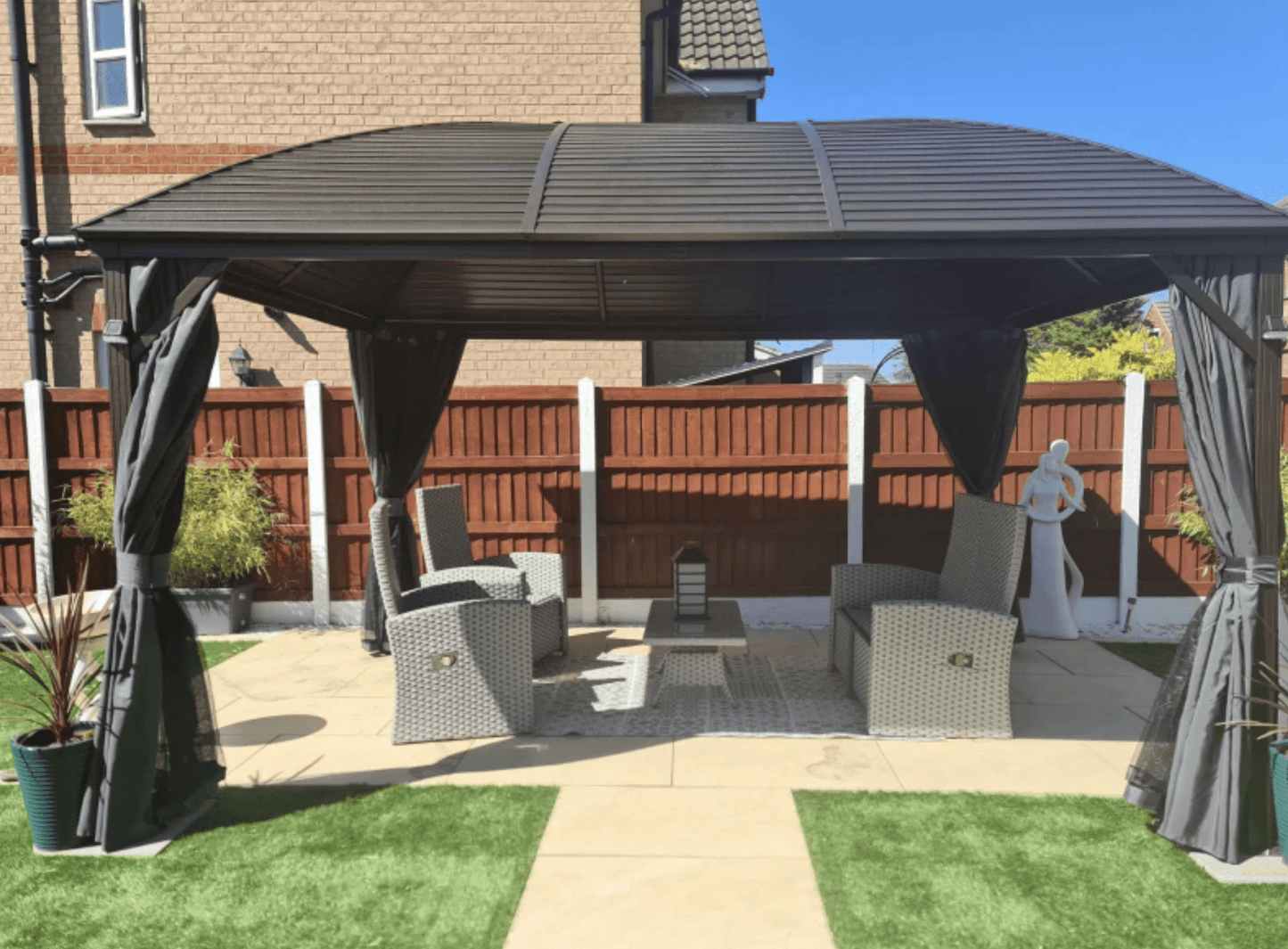 3.98m x 2.98m Brown Steel Hardtop Gazebo with Curtains & Mesh Netting - Aluminium Frame Garden Pavilion