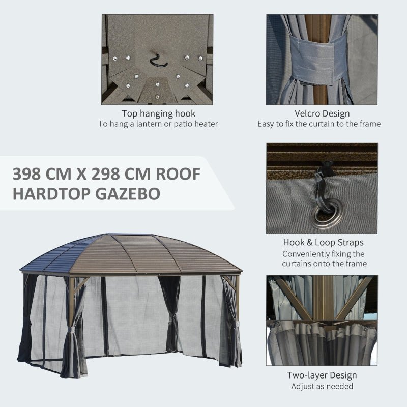 3.98m x 2.98m Brown Steel Hardtop Gazebo with Curtains & Mesh Netting - Aluminium Frame Garden Pavilion