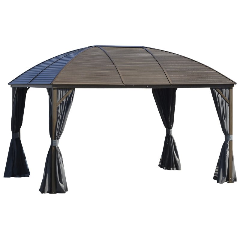 3.98m x 2.98m Brown Steel Hardtop Gazebo with Curtains & Mesh Netting - Aluminium Frame Garden Pavilion