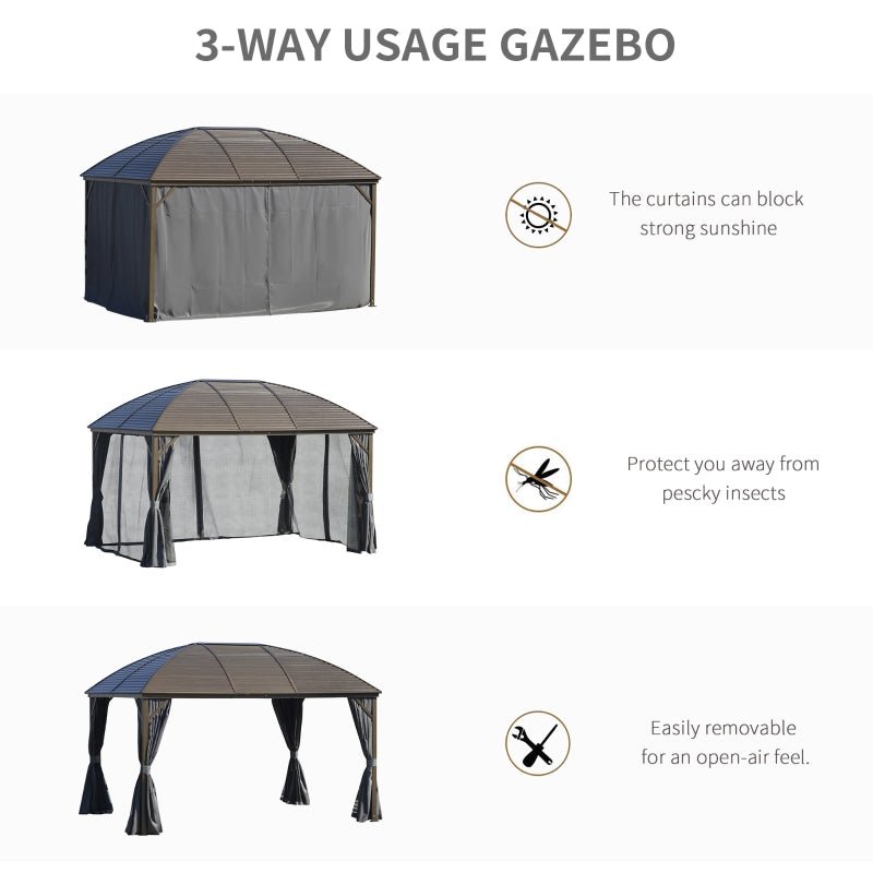 3.98m x 2.98m Brown Steel Hardtop Gazebo with Curtains & Mesh Netting - Aluminium Frame Garden Pavilion