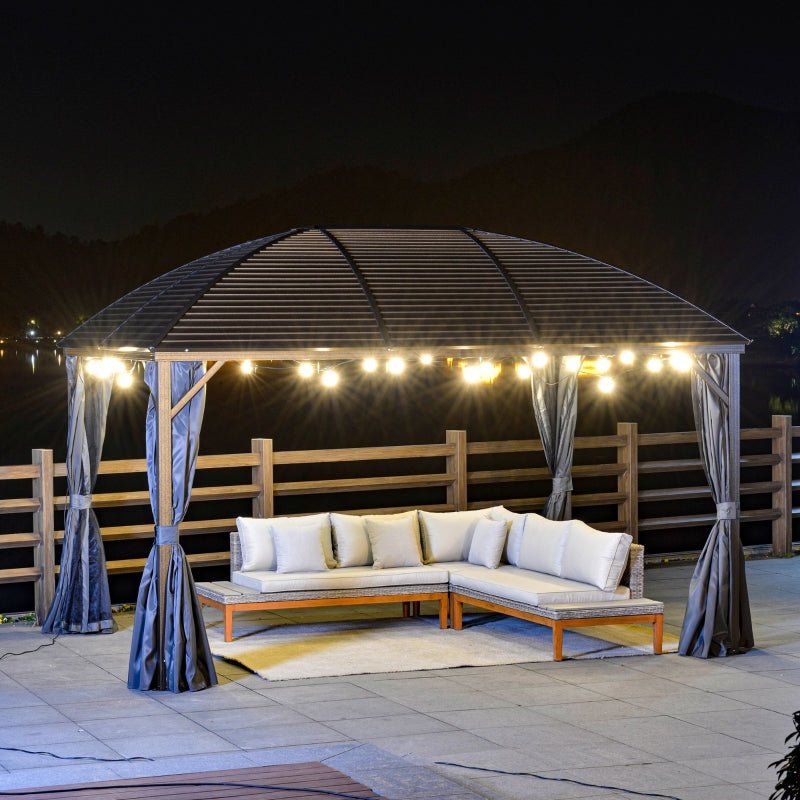 3.98m x 2.98m Brown Steel Hardtop Gazebo with Curtains & Mesh Netting - Aluminium Frame Garden Pavilion