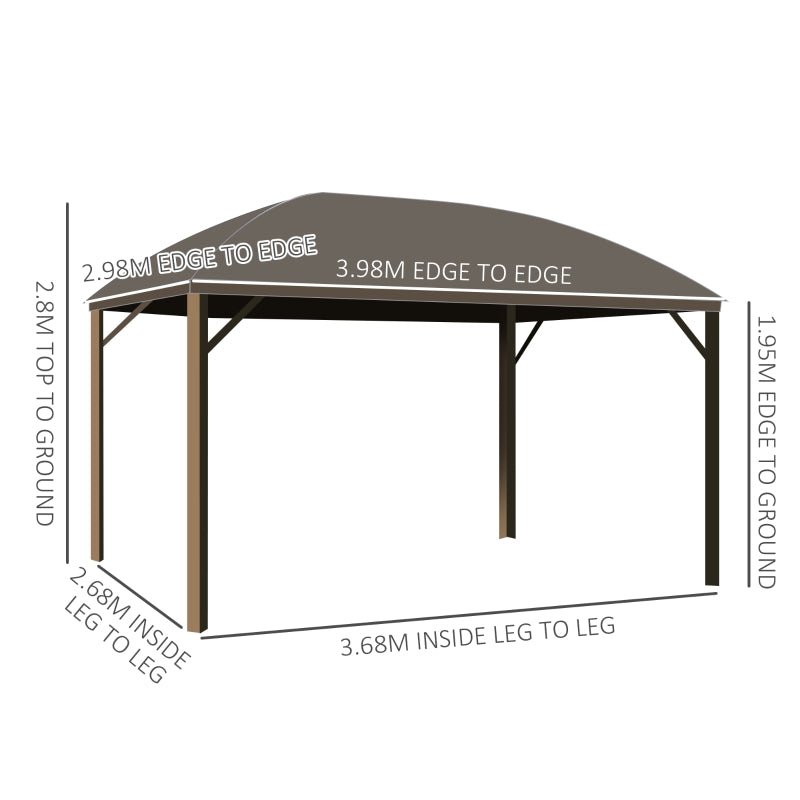 3.98m x 2.98m Brown Steel Hardtop Gazebo with Curtains & Mesh Netting - Aluminium Frame Garden Pavilion