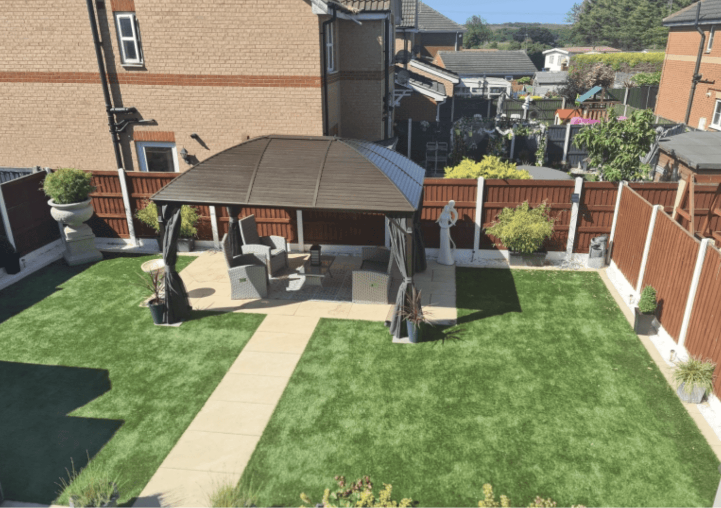 3.98m x 2.98m Brown Steel Hardtop Gazebo with Curtains & Mesh Netting - Aluminium Frame Garden Pavilion
