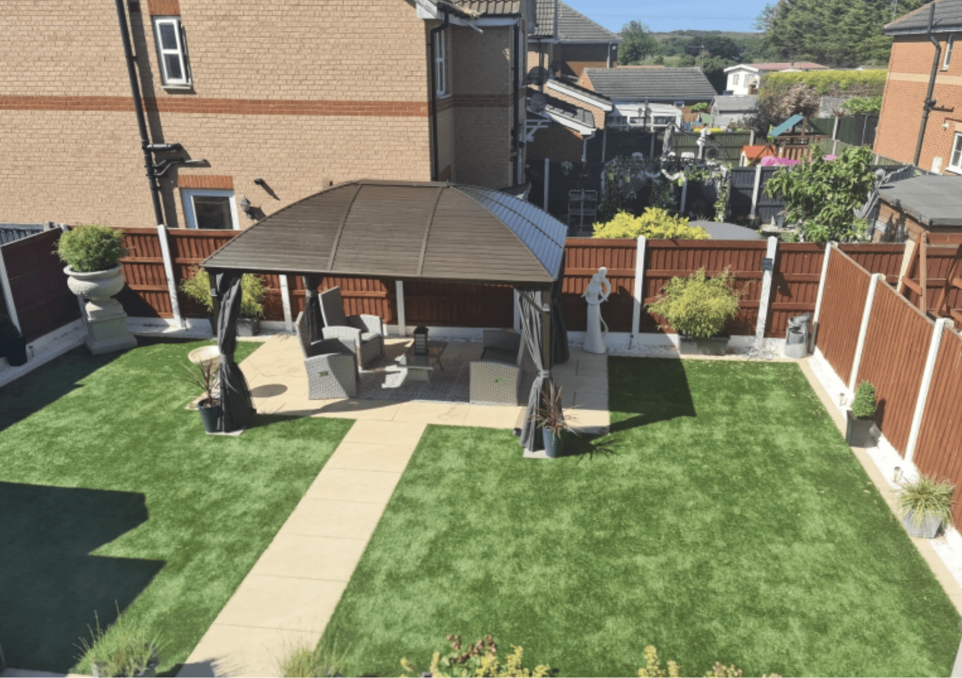 3.98m x 2.98m Brown Steel Hardtop Gazebo with Curtains & Mesh Netting - Aluminium Frame Garden Pavilion