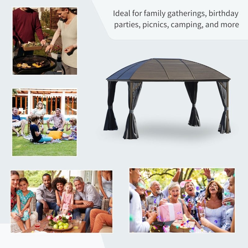 3.98m x 2.98m Brown Steel Hardtop Gazebo with Curtains & Mesh Netting - Aluminium Frame Garden Pavilion