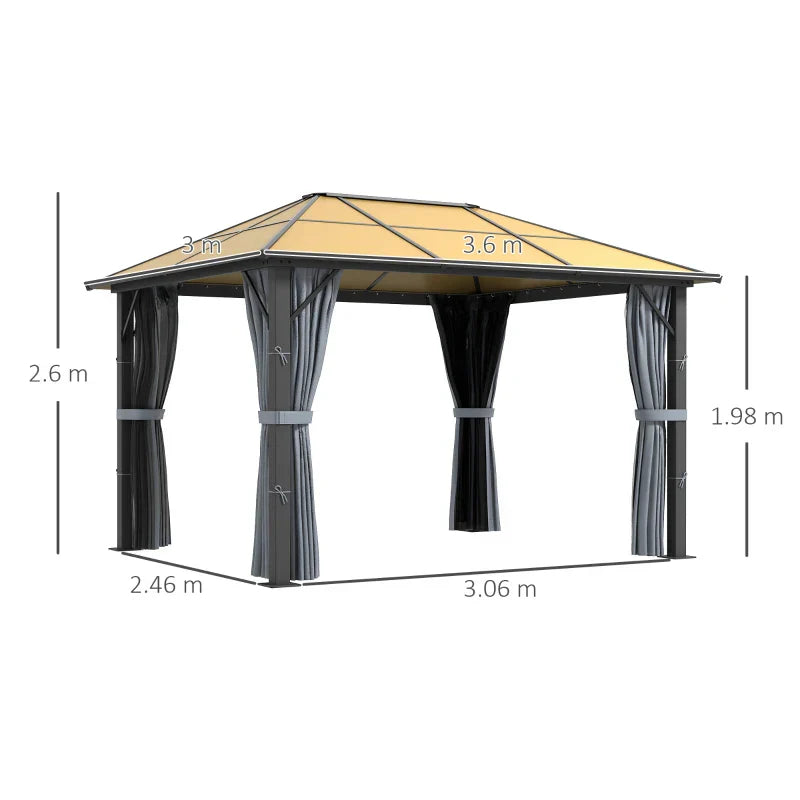 3m x 3.6m Aluminium Hardtop Gazebo - Polycarbonate Roof Garden Shelter with Privacy Curtains