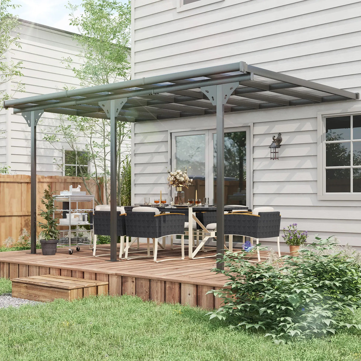 4.35m x 3m Wall Mounted Pergola – Aluminium Frame & Polycarbonate Roof – Grey Patio Cover