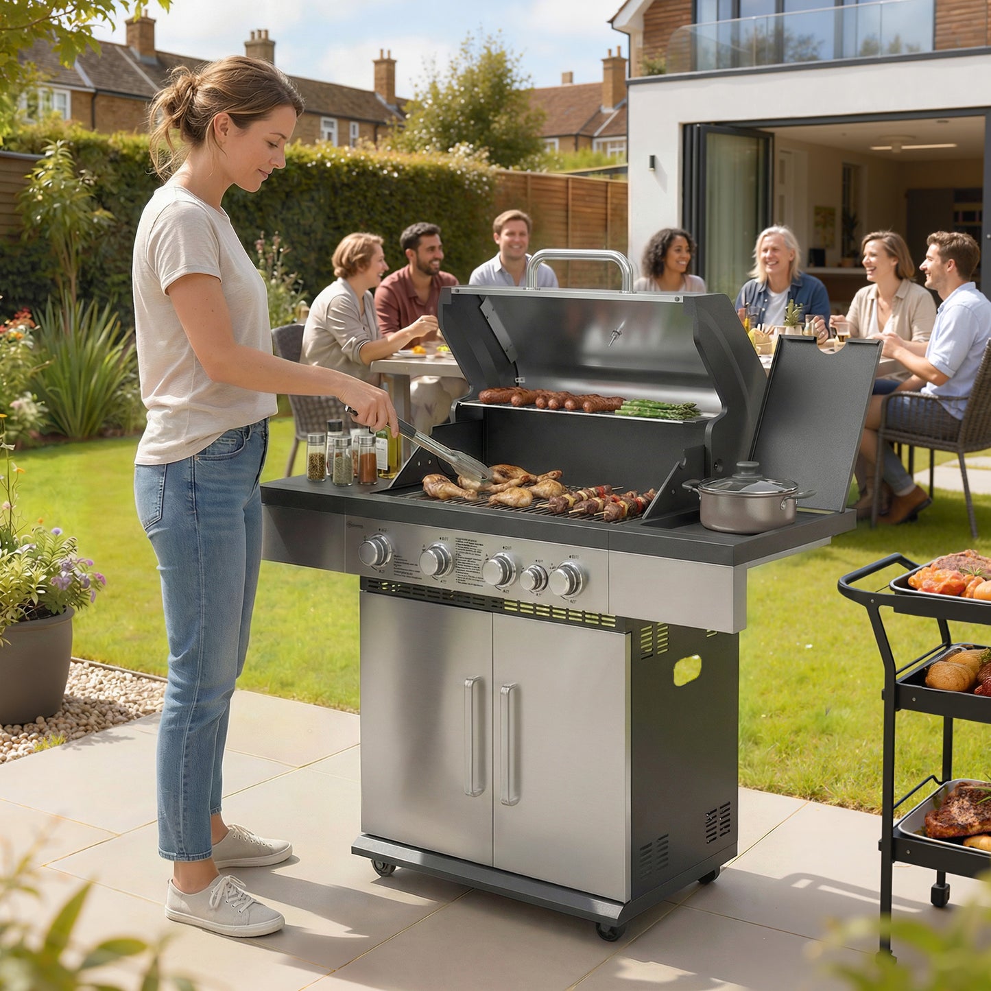 4+1 Burner Gas BBQ, Portable Gas BBQ with Side Burner, Warming Rack, Side Shelf
