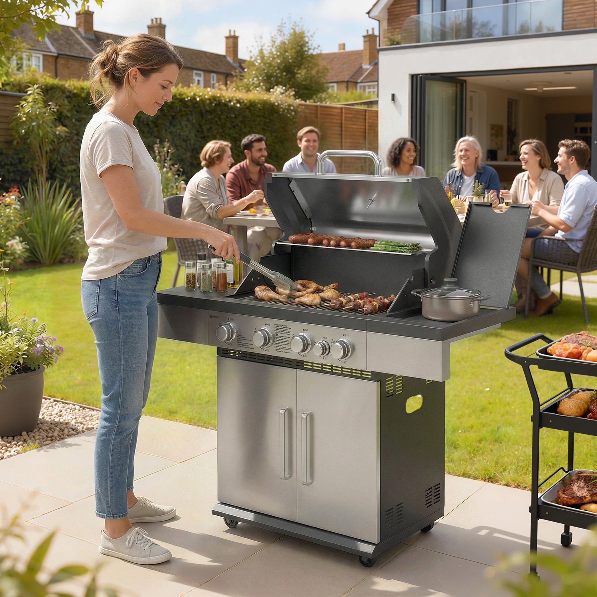 4+1 Burner Gas BBQ, Portable Gas BBQ with Side Burner, Warming Rack, Side Shelf