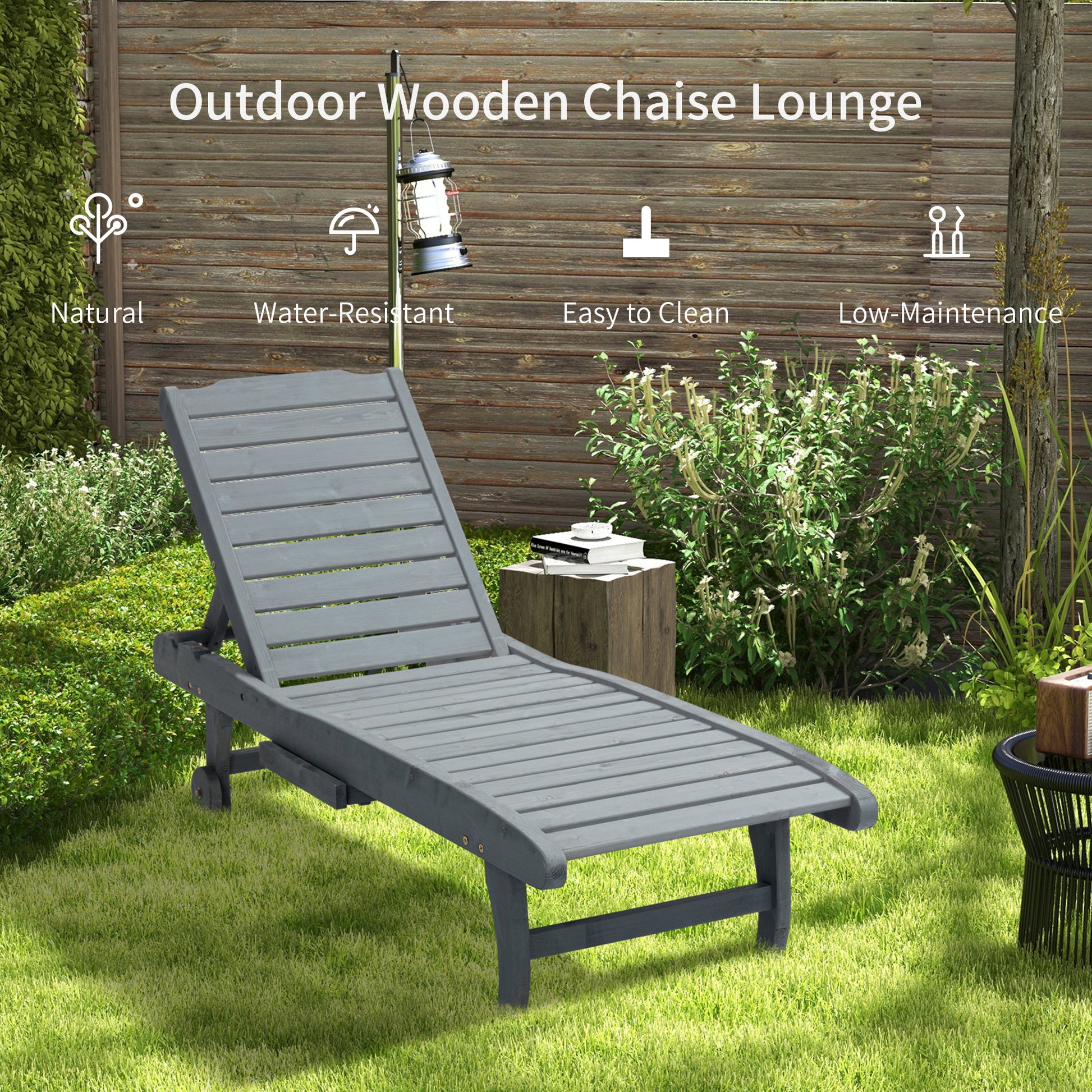 Outsunny Garden Patio Sun Lounger, Outdoor Wooden Sun Bed with Built-In Table, Reclining Backrest and Rolling Wheels for Sunbathing, Grey