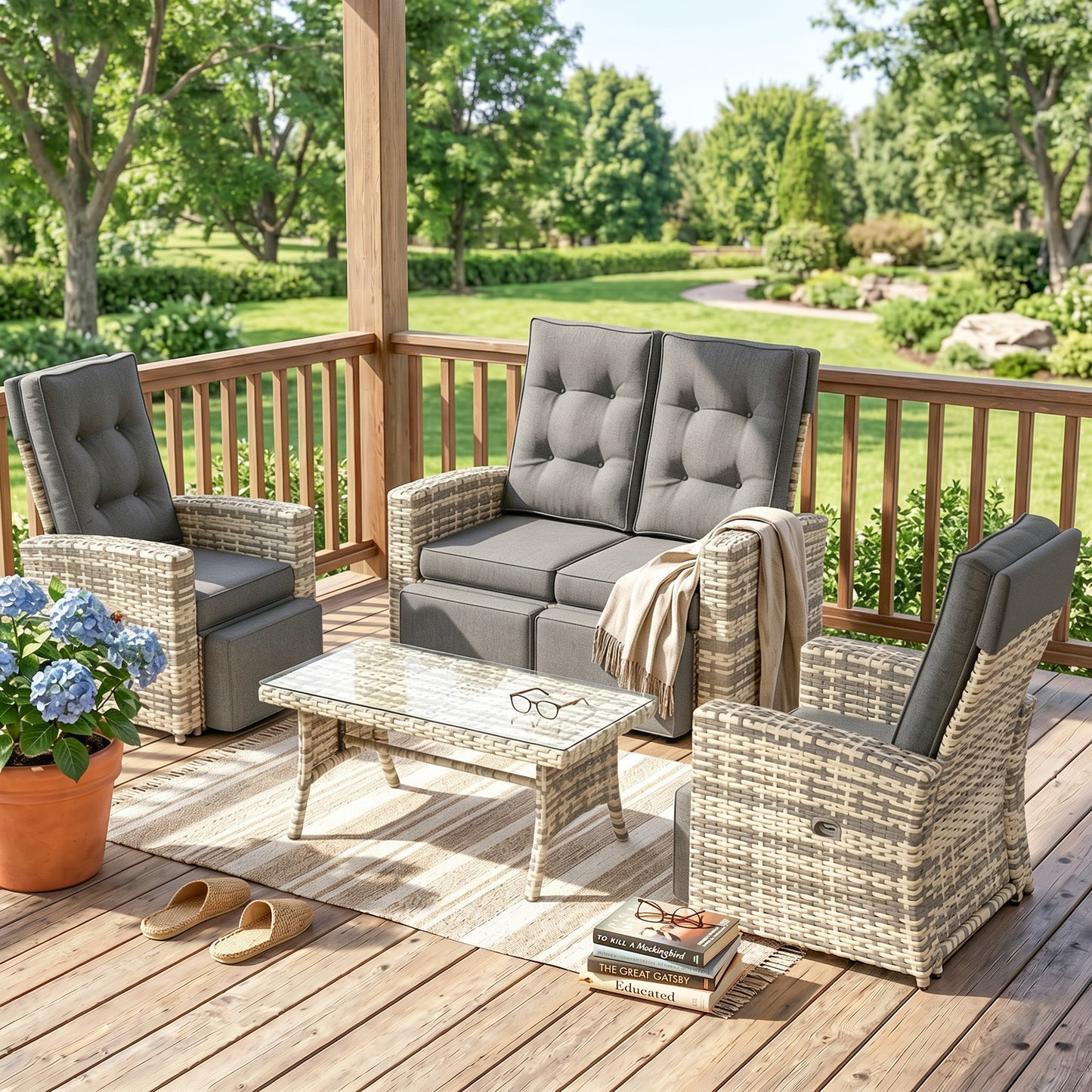 Outsunny 4 Piece Rattan Garden Furniture Set Outdoor Sofa Sectional Set with Glass Top Table for Poolside, Light Grey