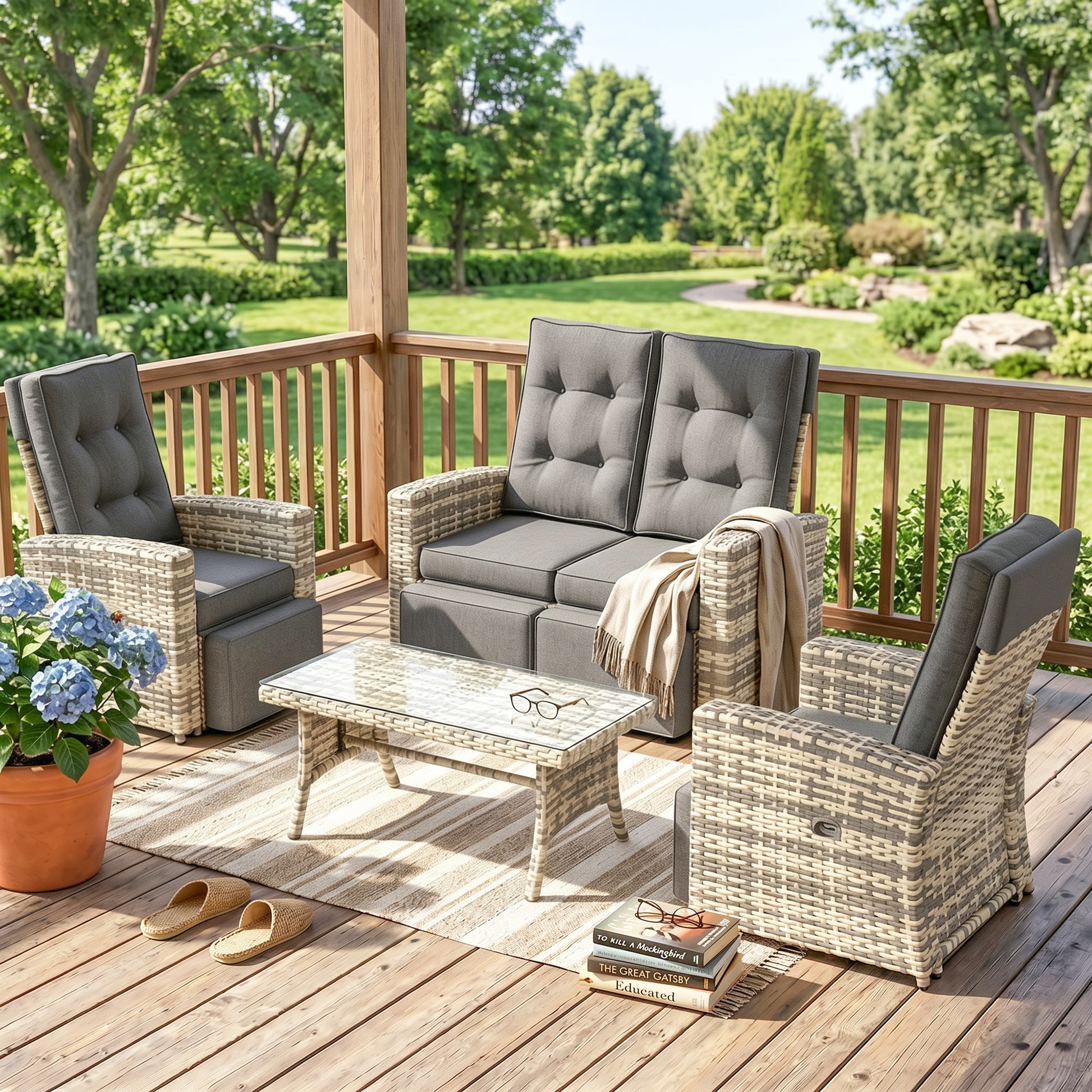 Outsunny 4 Piece Rattan Garden Furniture Set Outdoor Sofa Sectional Set with Glass Top Table for Poolside, Light Grey