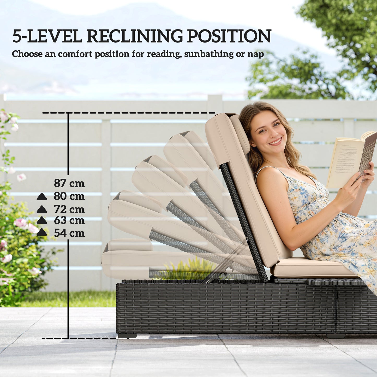 Outsunny Rattan Sun Lounger with 5-Level Reclining Back Side Tray and Cushion, Black