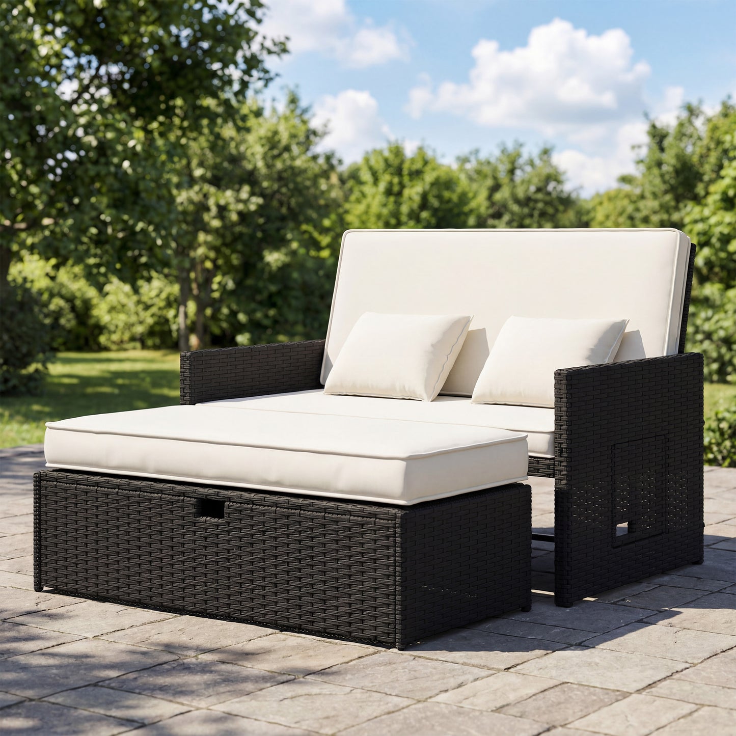 Portofino Rattan Garden Daybed, Double Sun Lounger with 5-Level Adjustable Back, Storage Ottoman, Cream White