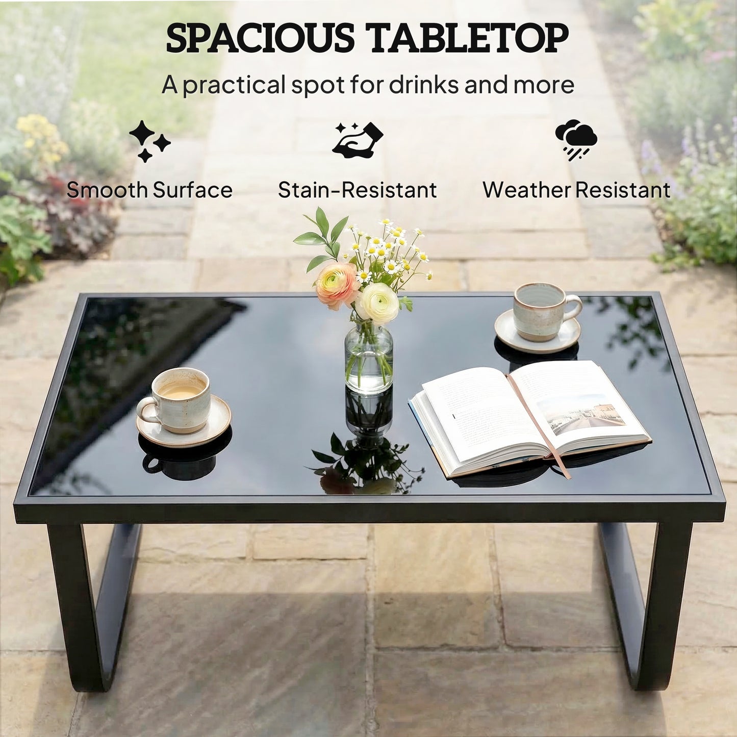 Outsunny Outdoor Garden Coffee Table, Rectangle Metal Side Table with Tempered Glass Tabletop, Adjustable Foot Pads