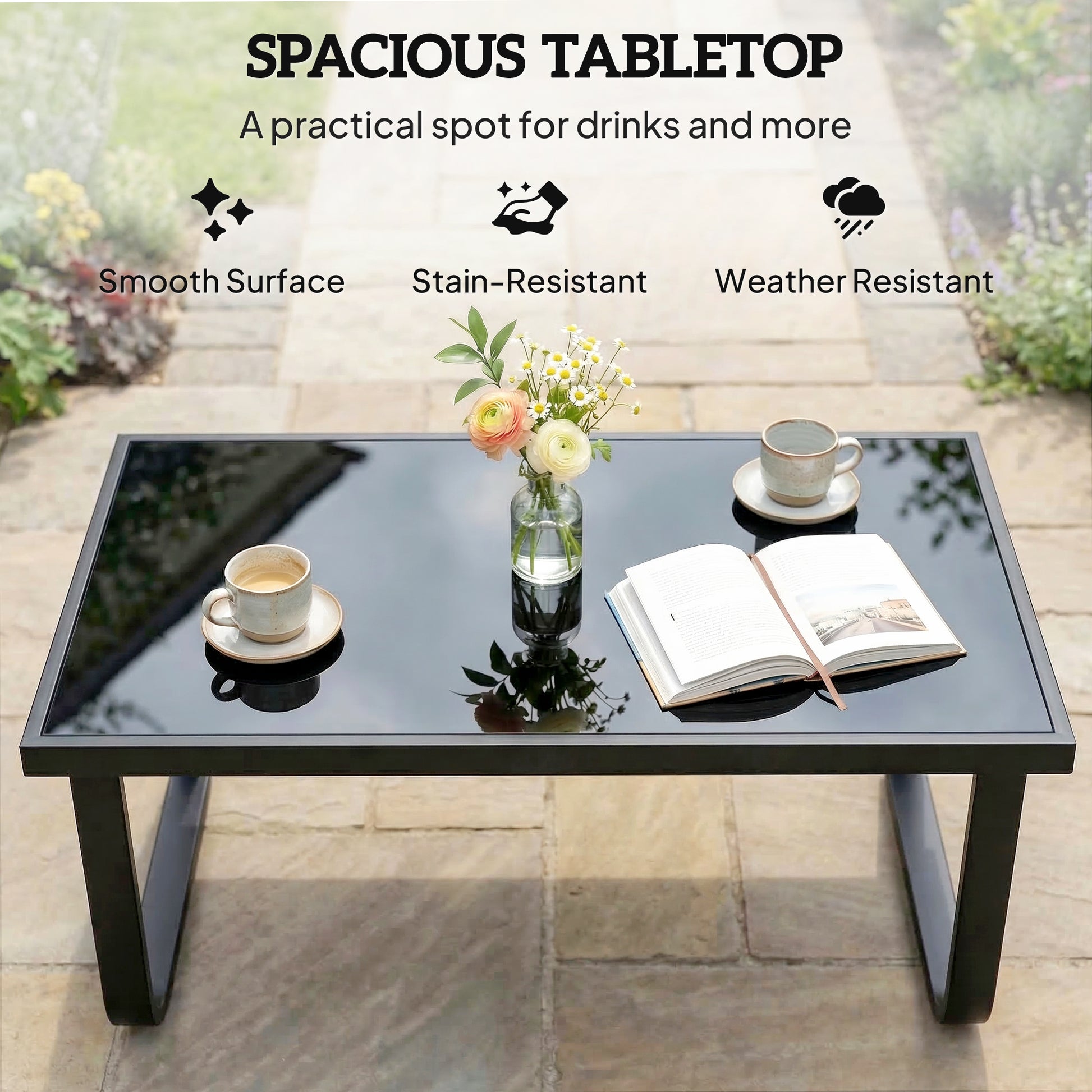 Outsunny Outdoor Garden Coffee Table, Rectangle Metal Side Table with Tempered Glass Tabletop, Adjustable Foot Pads