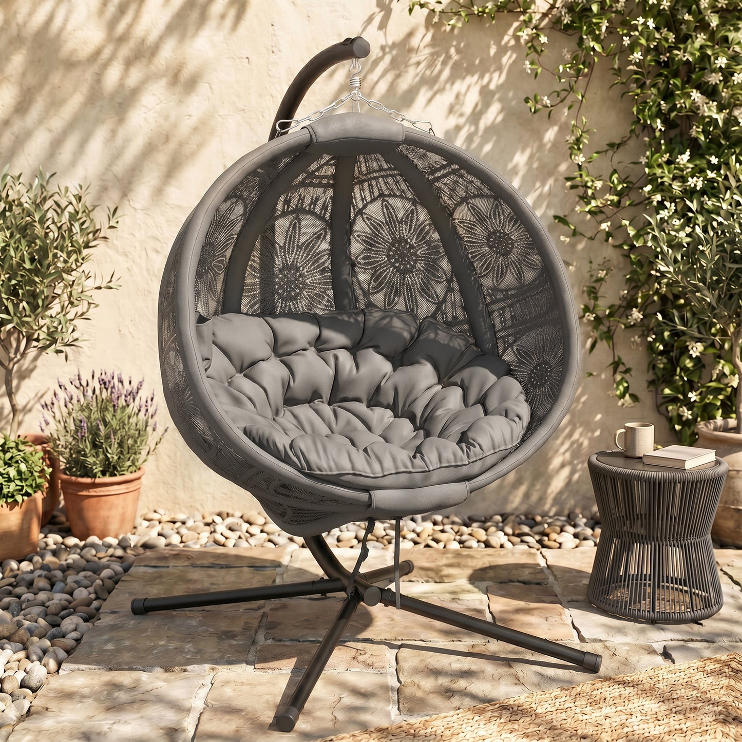 Monaco Round Egg Basket Chair, with Steel Stand, Charcoal Grey