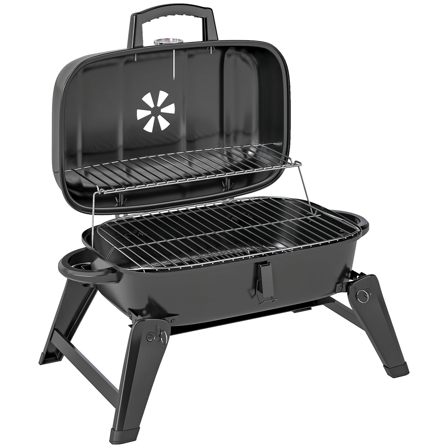 Outsunny Charcoal Barbecue Grill Folding Portable BBQ Grill for Camping with 1232 cm² Cooking Area, Adjustable Vent, Thermometer, Handles for Picnic, 59 x 37 x 36 cm, Black