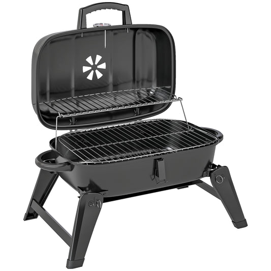 Outsunny Charcoal Barbecue Grill Folding Portable BBQ Grill for Camping with 1232 cm² Cooking Area, Adjustable Vent, Thermometer, Handles for Picnic, 59 x 37 x 36 cm, Black