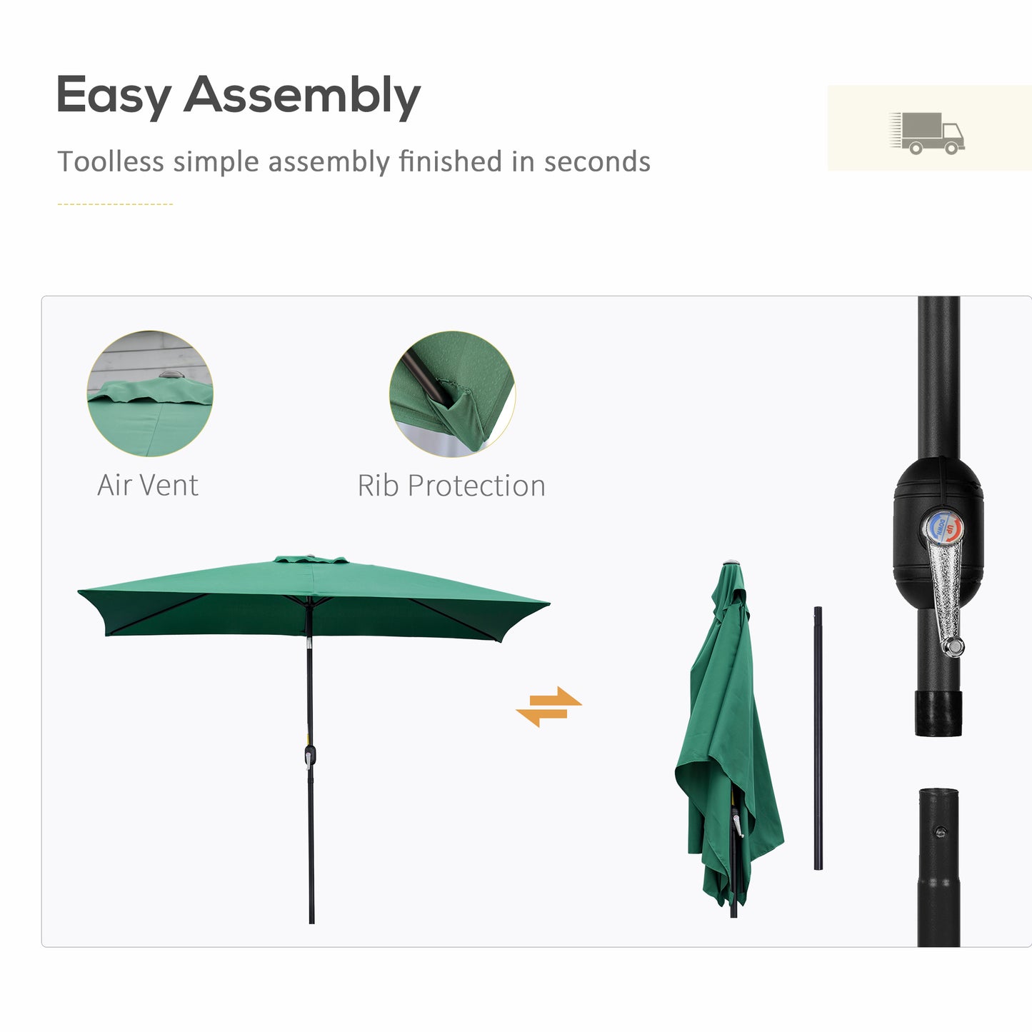 Outsunny 3x2m Garden Parasol Umbrella with Aluminium Pole, Tilt and Crank, Rectangular Outdoor Table Parasol Sun Shade for Patio, Green