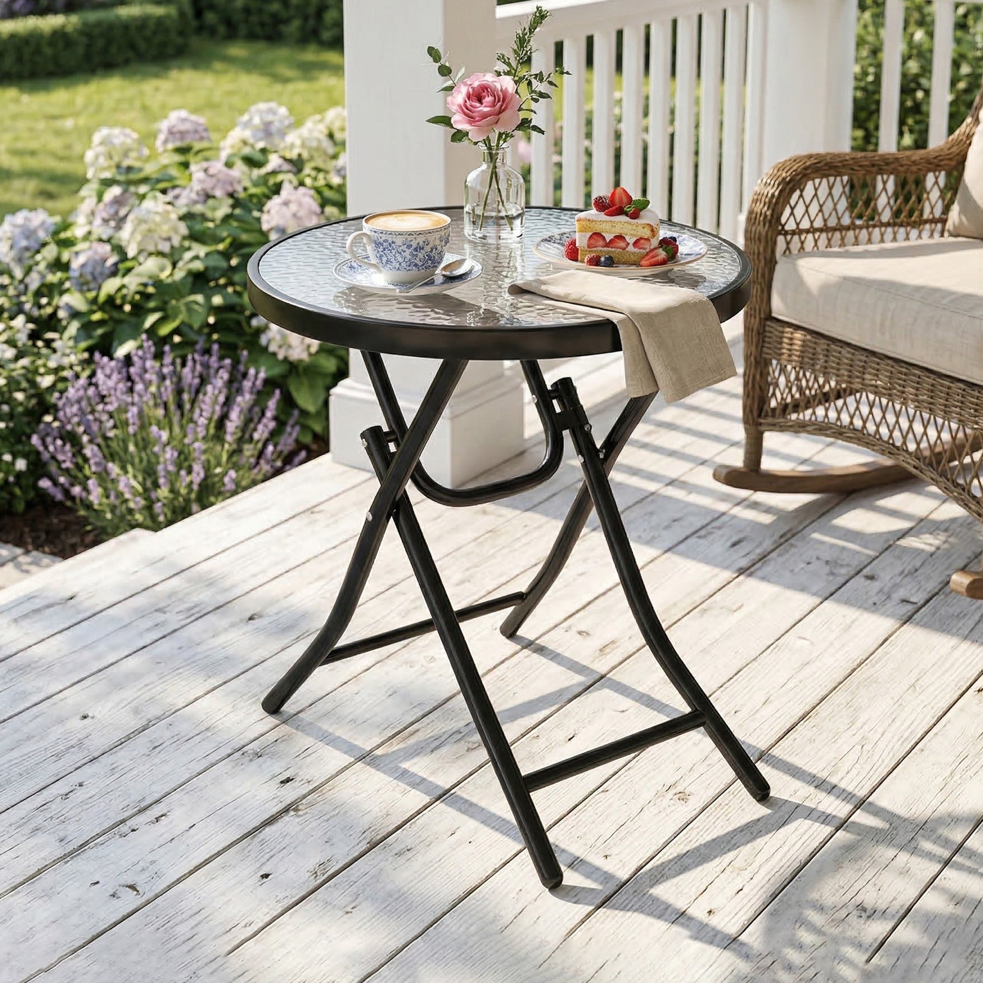 Foldable Garden Table, Round Folding Table with Glass Tabletop and Safety Buckle for Patio, Garden, Outdoor, Indoor, Black