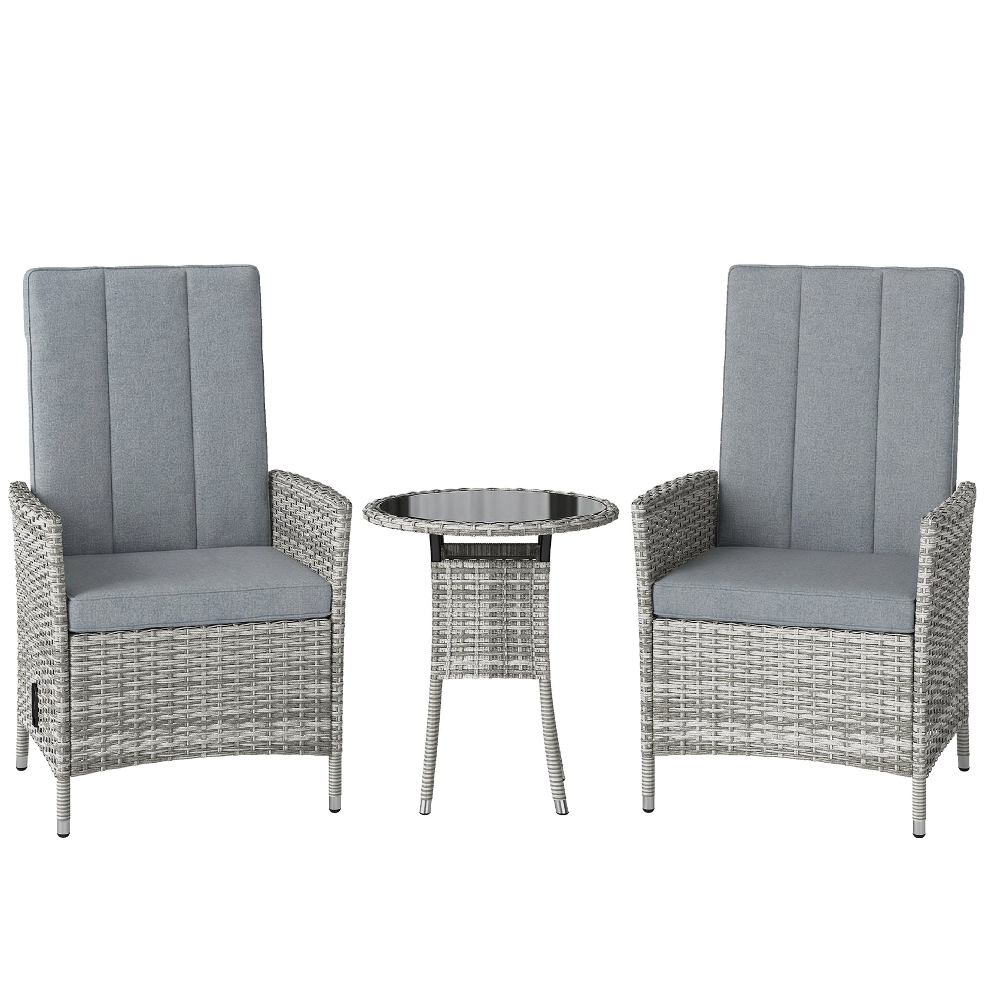 Outsunny Rattan Bistro Set, Reclining Garden Chairs and Glass Coffee Table with Cushions for Patio Balcony Porch, Light Grey
