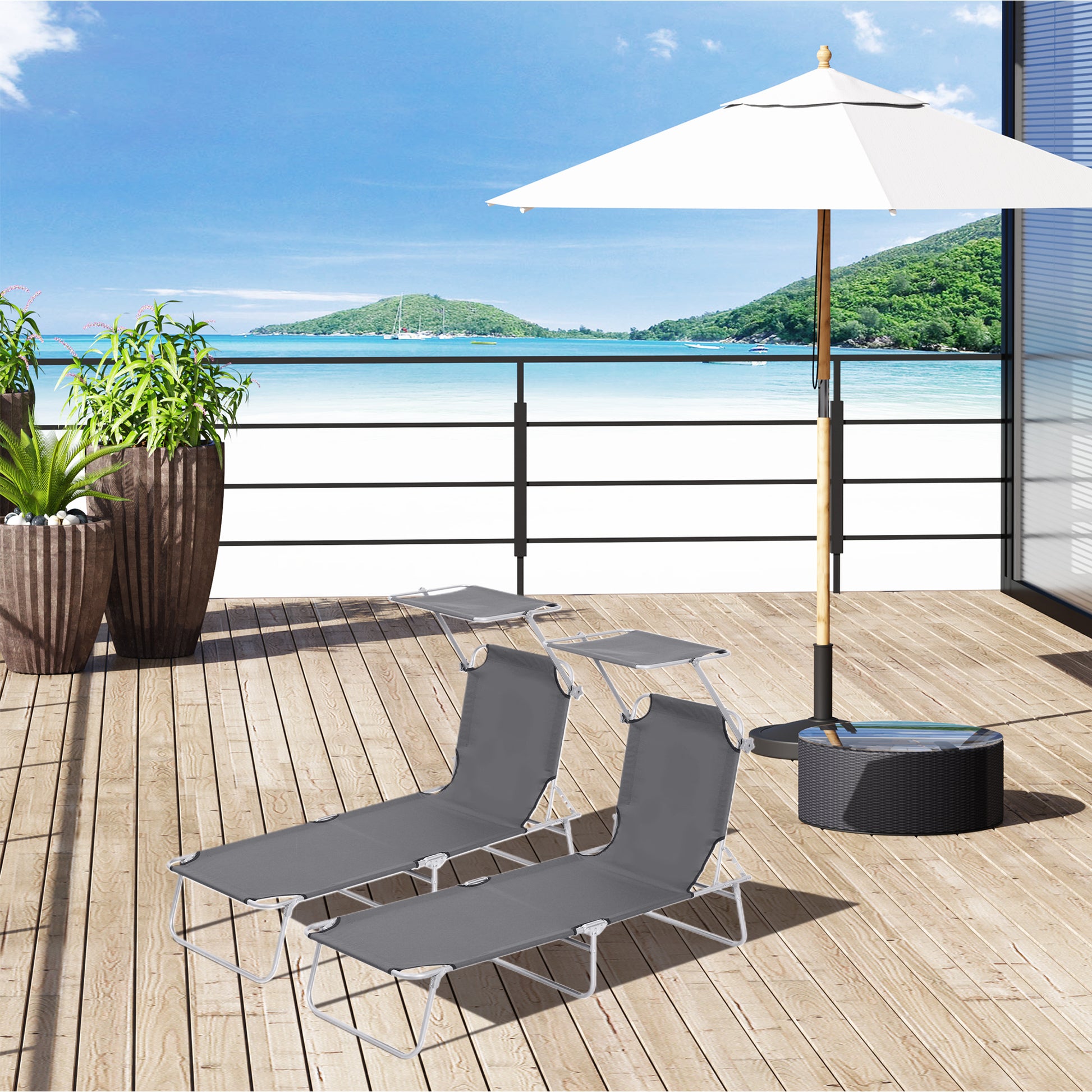 2 Pieces Outdoor Foldable Sun Lounger, 4 Level Adjustable Backrest Reclining Sun Lounger Chair with Angle Adjust Sun Shade Awning for Beach,