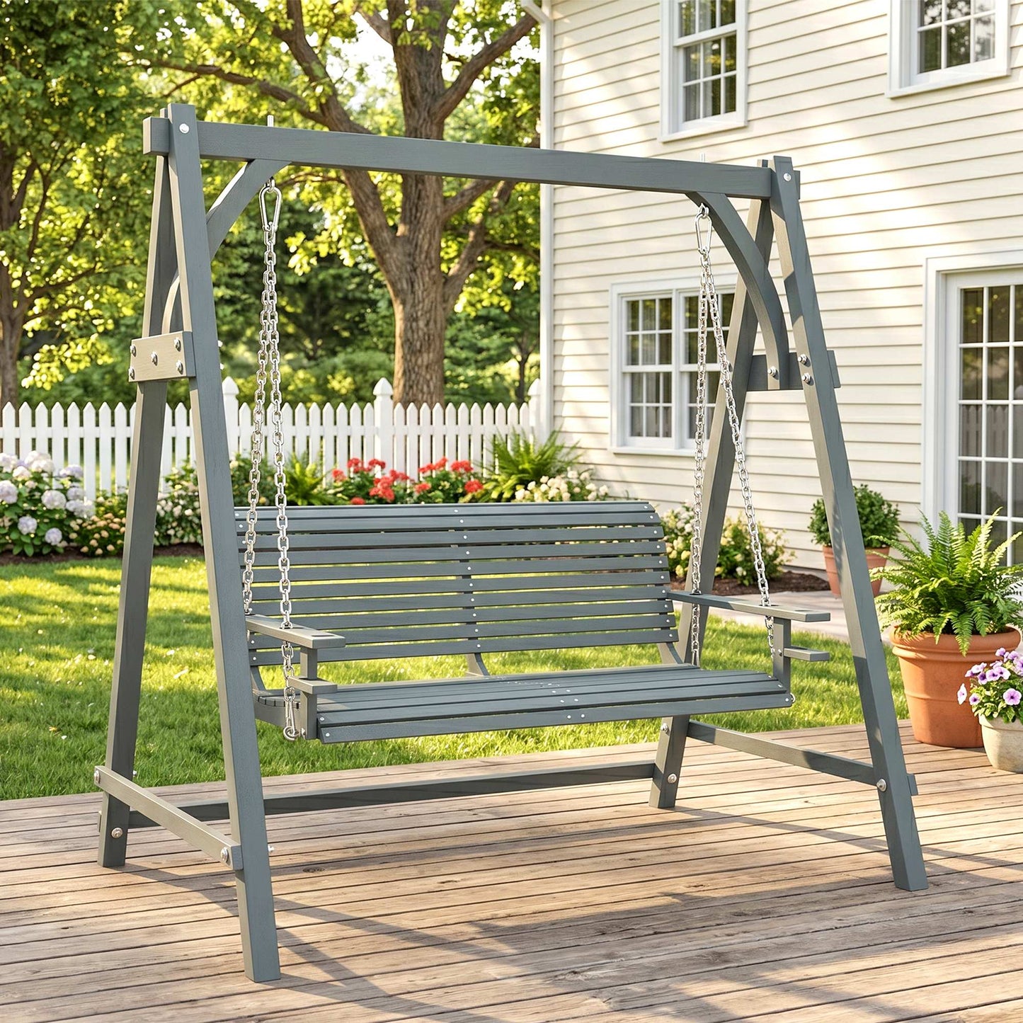 Ibiza 2 Seater Garden Swing Seat, Wooden Swing Chair Bench with Cup Holders Porch Patio, Grey