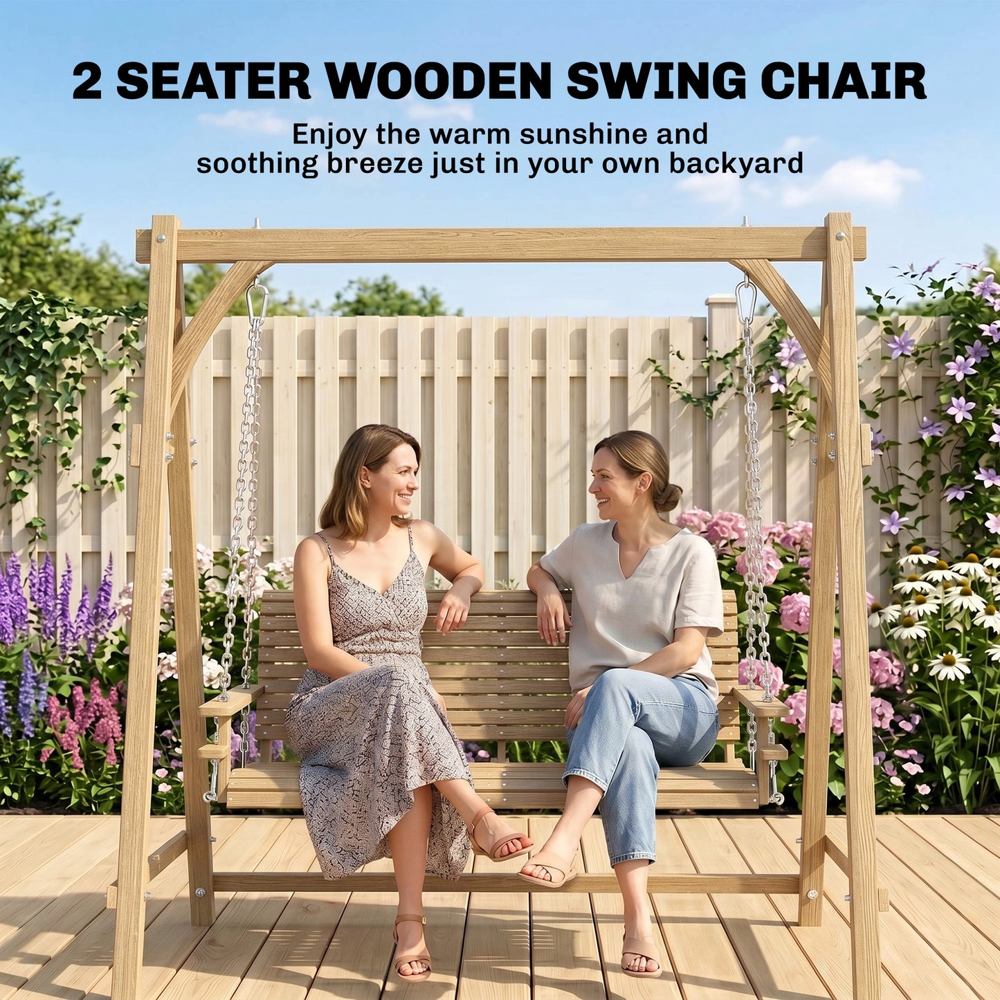 Outsunny 2 Seater Garden Swing Seat, Wooden Swing Chair Bench with Cup Holders for Outdoor Porch Patio, Natural