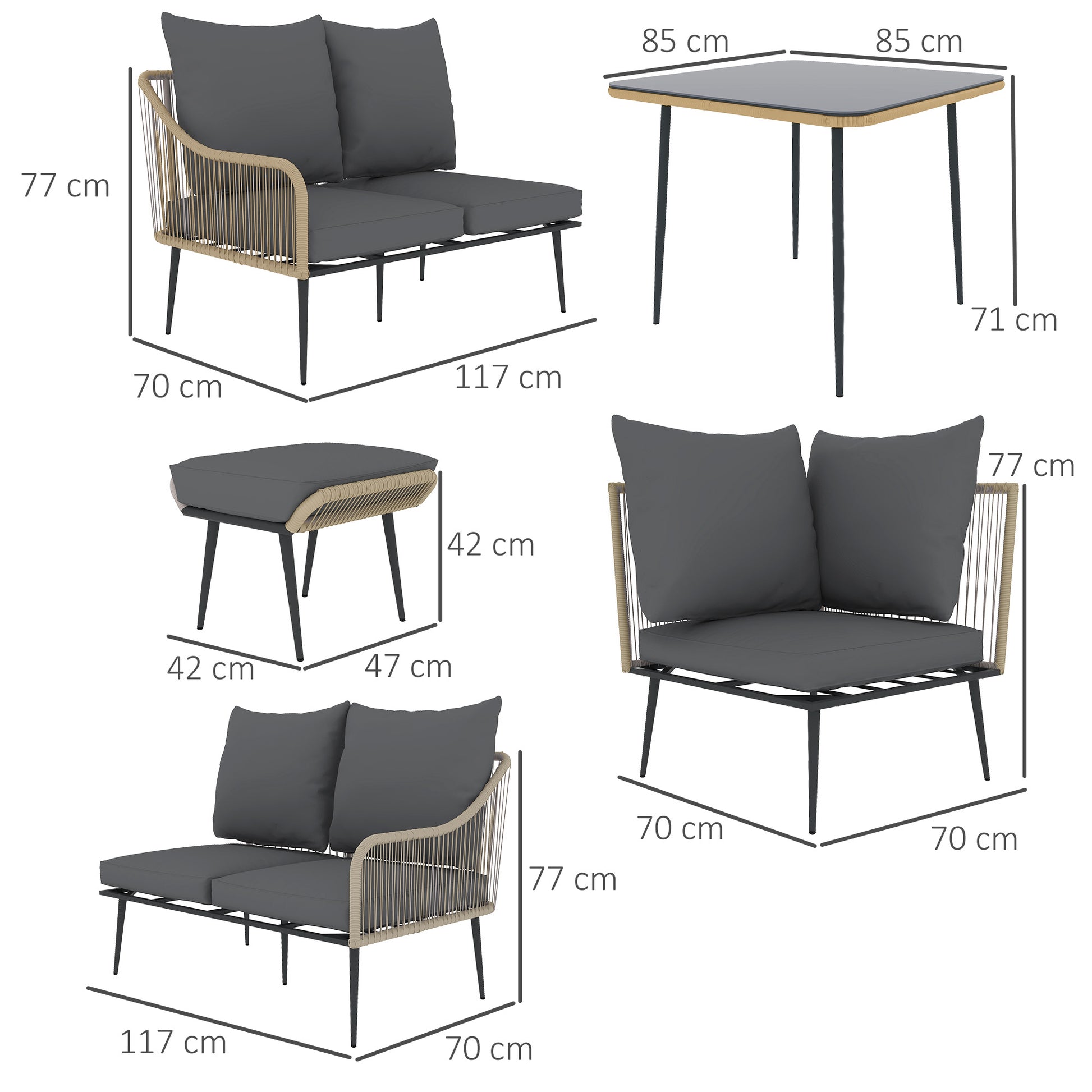 Outsunny Six-Piece Rattan Strong Garden Sofa Set with Tempered Glass-top Table - Brown/Grey