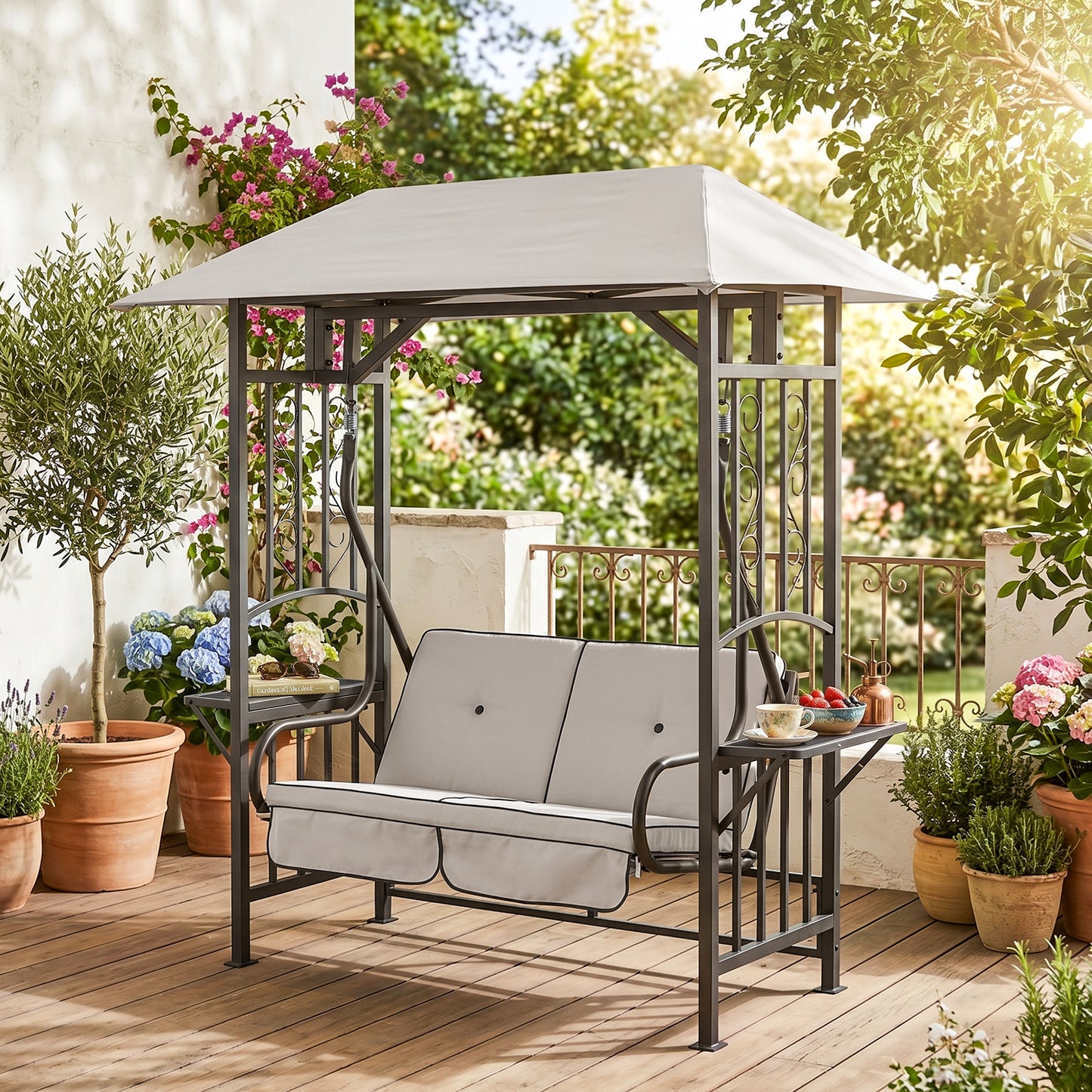 Mediterraneo Garden 2 Seater Canopy Swing Chair Seat Porch Loveseat Vintage Hammock Cushioned Seat w/ Steel Frame