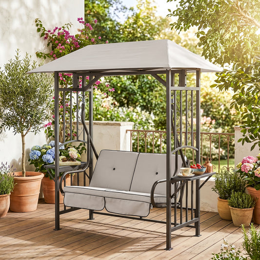 Mediterraneo Garden 2 Seater Canopy Swing Chair Seat Porch Loveseat Vintage Hammock Cushioned Seat w/ Steel Frame