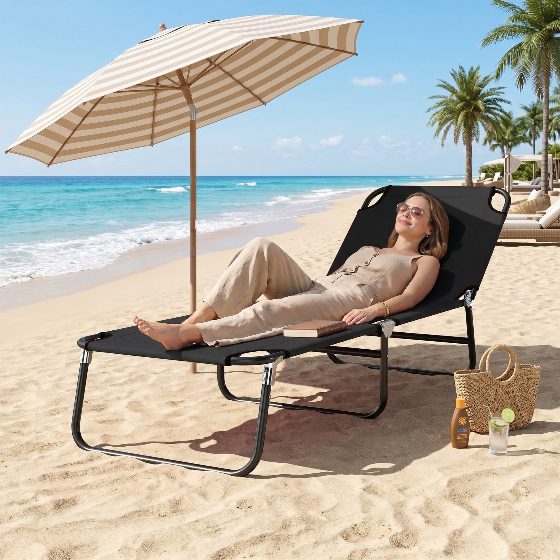 Outsunny Foldable Sun Lounger with 5-Position Adjustable Backrest, Outdoor Portable Recliner Chaise Lounge Chair with Oxford Fabric for Patio, Beach, Garden, Camping, Black