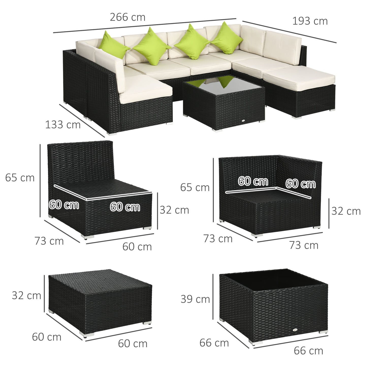 Outsunny 8 Pieces PE Rattan Corner Sofa Set, Patio Wicker Sofa Seater with Cushion, Washable Cushion Cover & Tempered Glass Table, Khaki