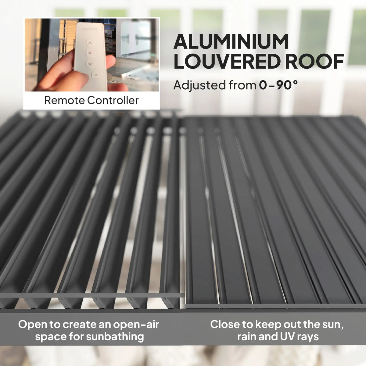3m x 3m Dark Grey Motorised Aluminium Pergola with Remote – Controlled Louvered Roof, LED Lighting & Integrated Rainwater Drainage System