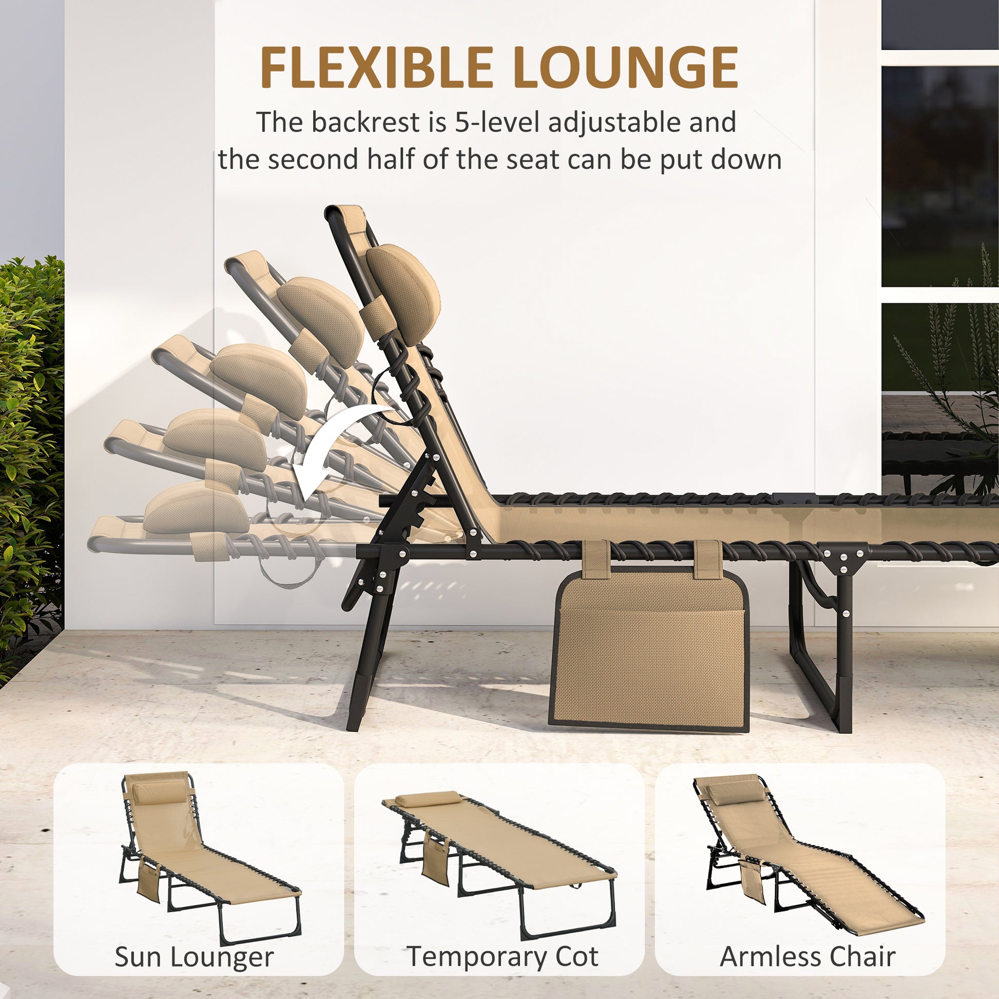 Outsunny Portable Sun Lounger, Folding Camping Bed Cot, Reclining Lounge Chair 5-position Adjustable Backrest with Side Pocket, Pillow for Patio Garden Beach Pool, Beige