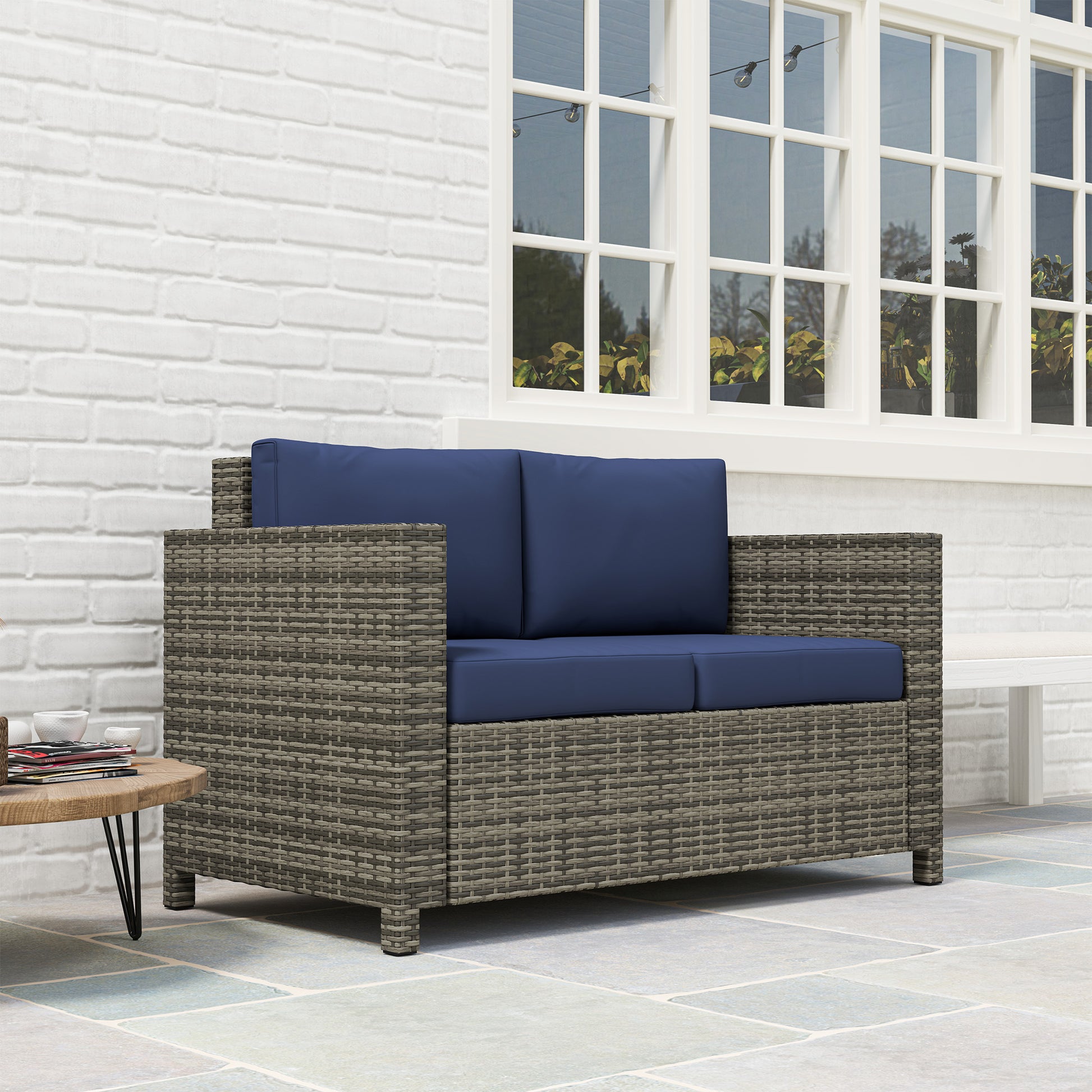 Outsunny Rattan Sofa, 2 Seater Garden Furniture with Soft Padded Cushion and Armrests, Wicker Garden Loveseat for Patio, Navy Blue