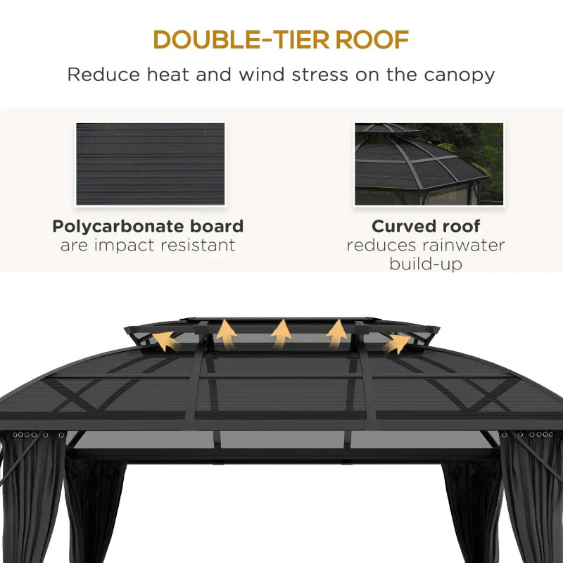 4m x 3m Aluminium Hardtop Gazebo with Polycarbonate Roof, Privacy Curtains & Mesh Sidewalls – Black & Grey