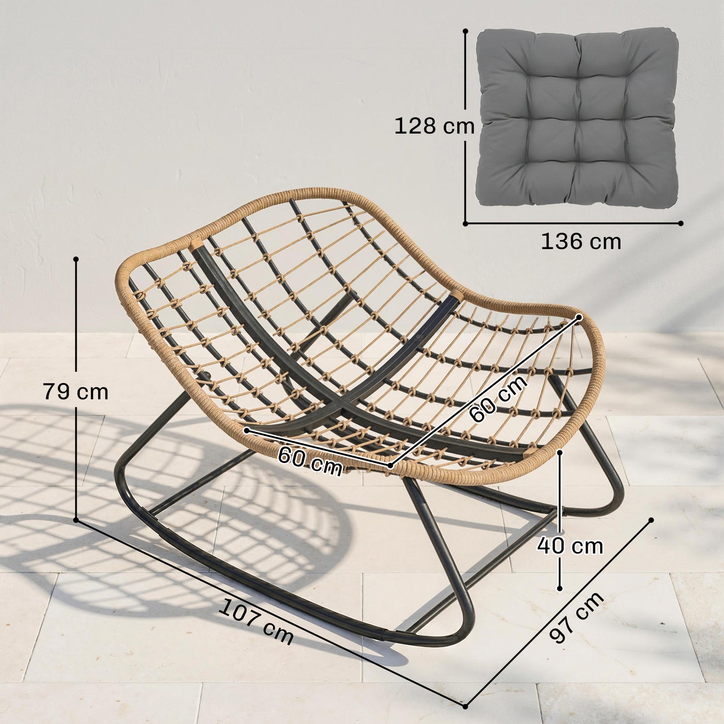 Outsunny Indoor Outdoor Rocking Chair, Oversized Rocking Egg Chair with Cushion for Living Room, Garden, Patio, Grey
