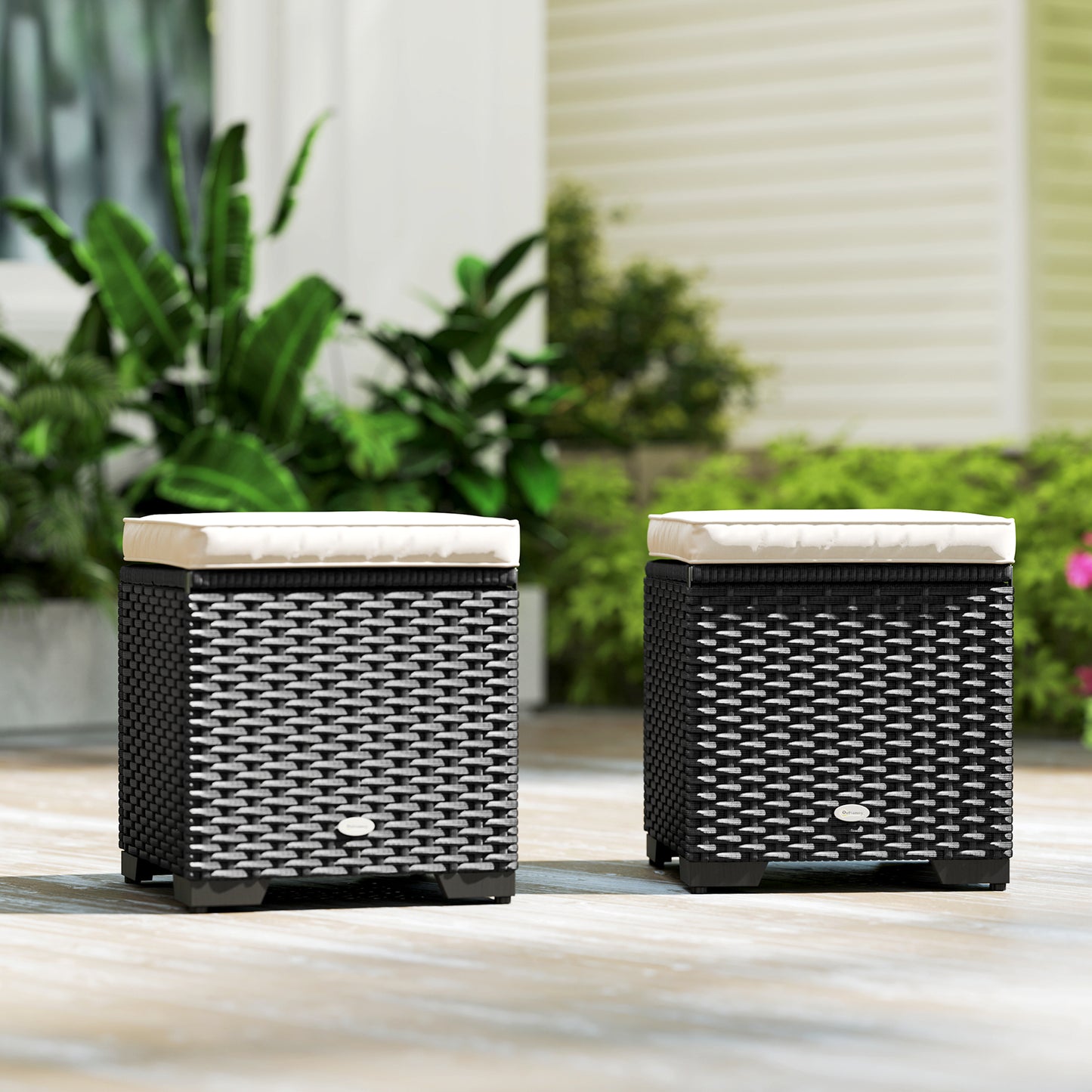 Outsunny Set of 2 Rattan Storage Ottoman, Outdoor Footstool with Removable Cushions, Garden Storage Seat for Balcony, Porch, Living Room, Cream