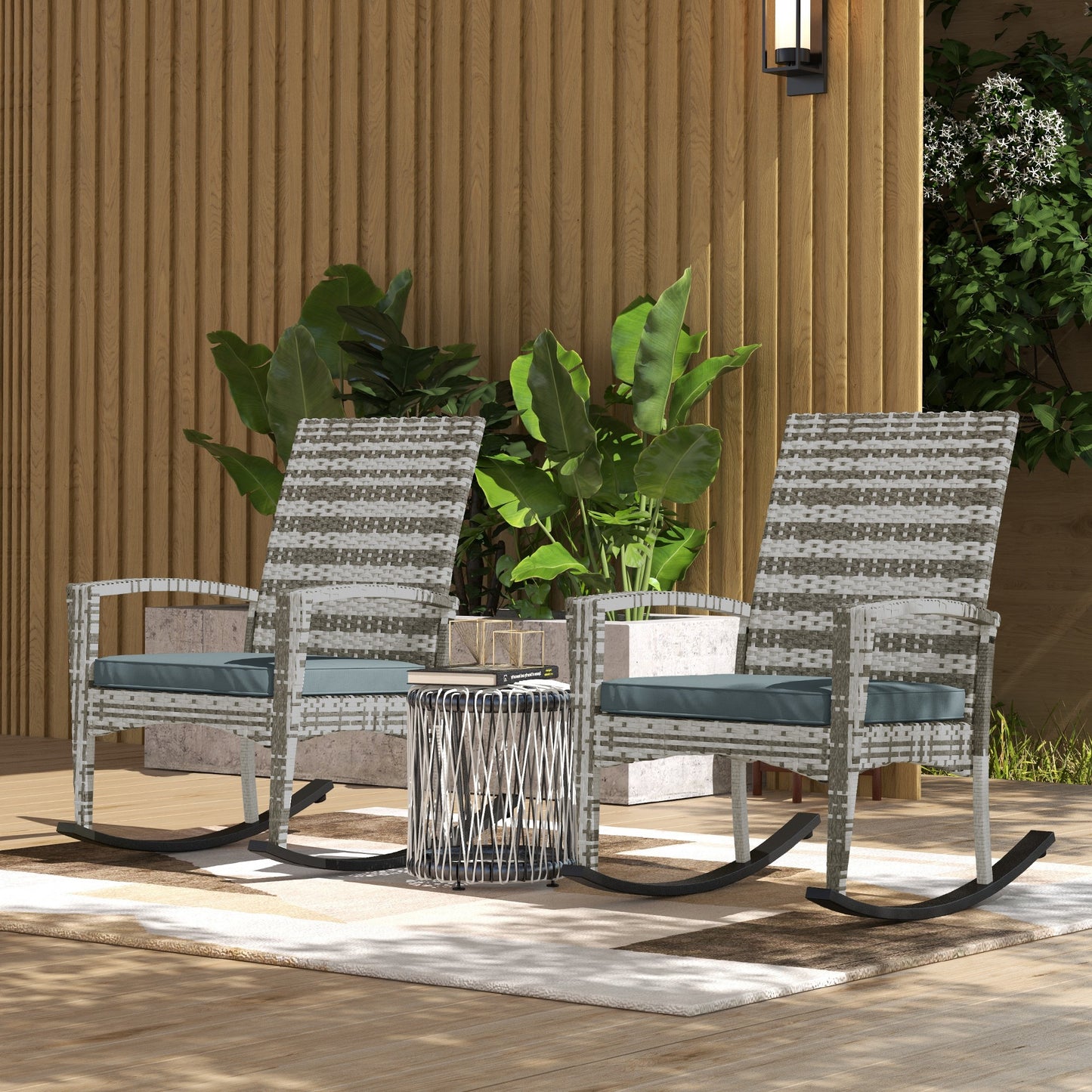 Sorrento Outdoor PE Rattan Rocking Chair Set of 2, Garden Rocking Chair Set with Armrest and Cushion, Light Grey